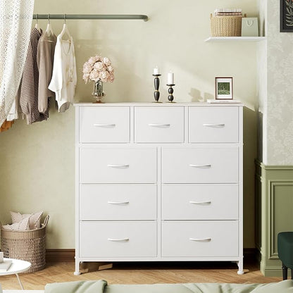 DUMOS 9 Drawer Dresser for Bedroom, Storage Organizer Chest of Drawers | Fabric Bins Storage Tower with Sturdy Metal Frame, Wood Tabletop for Closet, White