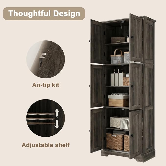 ChooChoo Tall Bathroom Storage Cabinet with 6 Doors, Freestanding Floor Cabinet with Adjustable Shelves, Rustic Weathered Gray Pantry Cabinet for Bathroom, Kitchen, Laundry Room