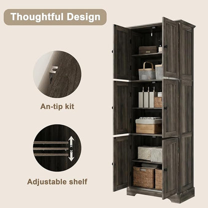 ChooChoo Tall Bathroom Storage Cabinet with 6 Doors, Freestanding Floor Cabinet with Adjustable Shelves, Rustic Weathered Gray Pantry Cabinet for Bathroom, Kitchen, Laundry Room