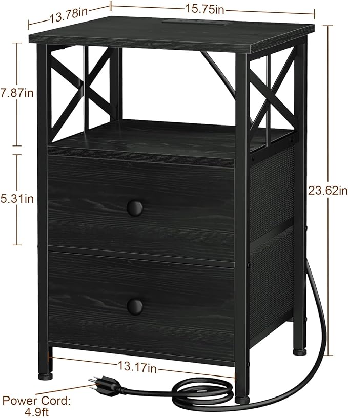 AMHANCIBLE Night Stand Set 2, Nightstand with Charging Station, Small Bedside Table with 2 Fabric Drawers, End Tables Living Room with USB C Ports for Bedroom, Black, HET05XBK