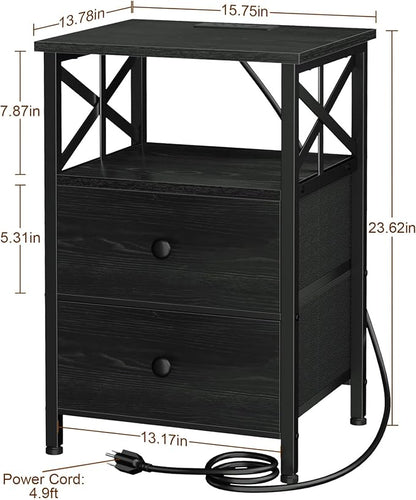 AMHANCIBLE Night Stand Set 2, Nightstand with Charging Station, Small Bedside Table with 2 Fabric Drawers, End Tables Living Room with USB C Ports for Bedroom, Black, HET05XBK