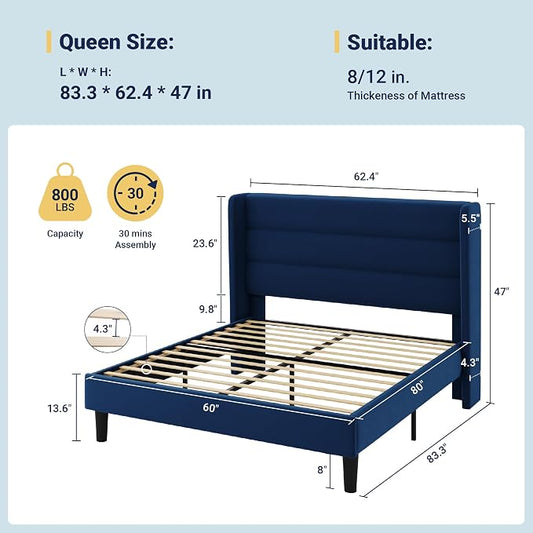 Allewie Queen Size Platform Bed Frame with Velvet Upholstered Wingback Headboard, No Box Spring Needed, Under Bed Storage Space, Wooden Slats, Modern Mattress Foundation, Easy Assembly, Blue