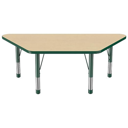 FDP Trapezoid Activity School and Classroom Kids Table (30 x 60 inch), Chunky Toddler Legs for Collaborative Seating Environments, Adjustable Height 15-24 inches - Maple Top and Green Edge
