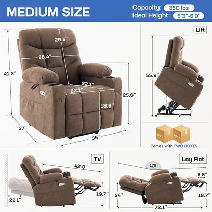 Tami Tami Dual Motor Power Lift Chair Recliner for Elderly with Massage and Heat, Infinite Position Electric Lift Recliner with USB A&C, Cup Holders (T6012 - Linen Fabric, Brown, Medium)