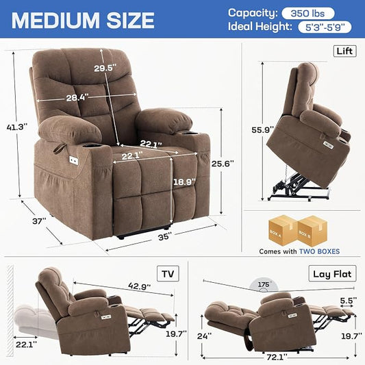 Tami Tami Dual Motor Power Lift Chair Recliner for Elderly with Massage and Heat, Infinite Position Electric Lift Recliner with USB A&C, Cup Holders (T6012 - Linen Fabric, Brown, Medium)