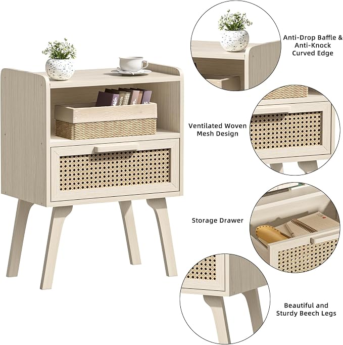 Lerliuo Rattan Nightstands Set of 2, Side Table with Drawer Open Shelf, Cane Accent Bedside End Table, Mid Century Modern Night Stand for Bedroom, Dorm and Small Spaces (Grey White)