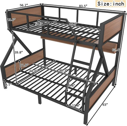 KEIKI Full Over Queen Bunk Bed, Heavy Duty Metal Bunkbed with Storage Shelves, Lights, Bottom Space & Guardrail for Aldults Dorm Bedroom Guest Room, No Box Spring Needed, Noise-Free Design