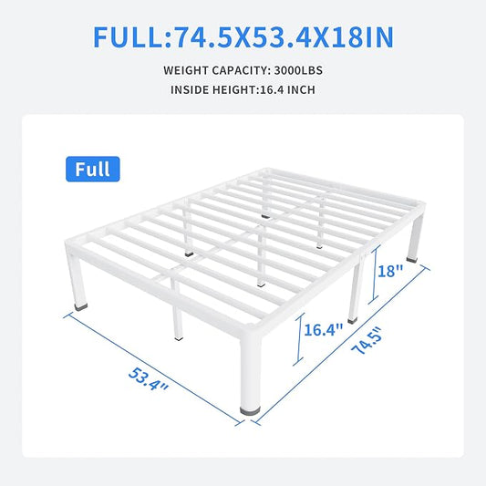 MAF 18 Inch Full Size Bed Frame White with Round Corner Legs Mattress Slide Stopper No Box Spring Needed Heavy Duty Metal Platform Bed Frames Under-Bed Storage Space, 3000 LBS Steel Slats Support