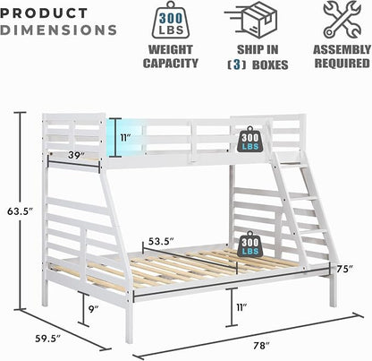 Lexicon Bunk Bed Twin Over Full, Wooden Bed Frame with Sturdy Ladder and Safety Guard Rails, Modern Space-Saving Design, for Bedroom/Guest Room, No Box Spring Needed, White