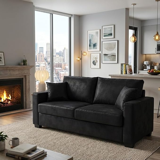 Ball & Cast 69" Loveseat Sofa, Modern Love Seat Couches for Living Room, Upholstered 2 Seater Small Couch with 2 Throw Pillows for Bedroom,Apartment,Office,Easy Assembly,Black