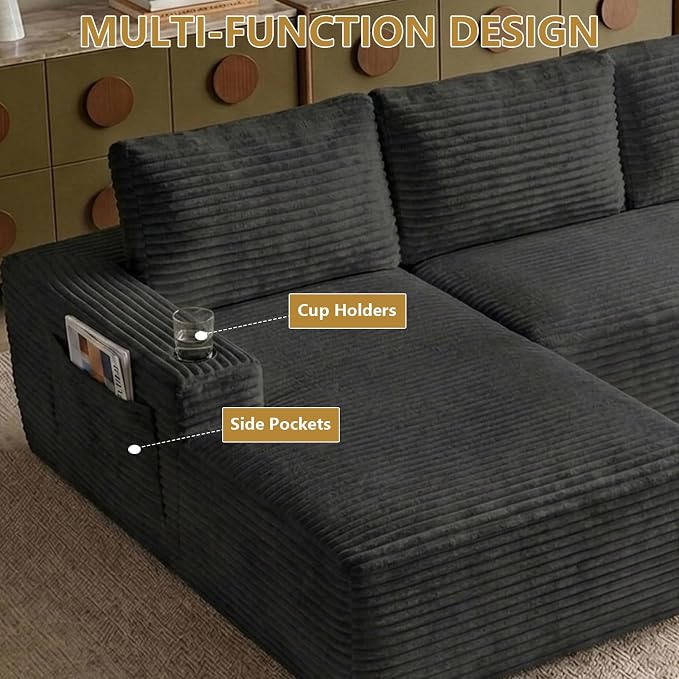 104" Cloud Sectional Couch L-Shaped with Side Pockets Cup Holders, Corduroy Boneless Couch for Living Room,Upholstered Deep-Seat Modular Sectional Sofa, No Assembly Required (Black,Left Facing Chaise)