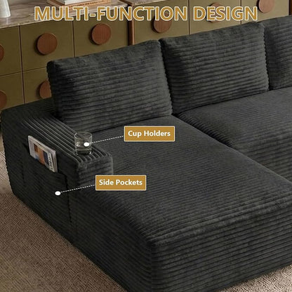 104" Cloud Sectional Couch L-Shaped with Side Pockets Cup Holders, Corduroy Boneless Couch for Living Room,Upholstered Deep-Seat Modular Sectional Sofa, No Assembly Required (Black,Left Facing Chaise)