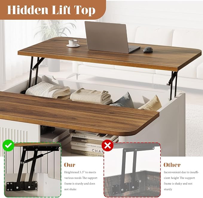 Decofy Lift Top Coffee Table with Storage Mid Century Modern Square Coffee Tables for Living Room, Large Hidden Storage Compartment, Adjustable Shelves & Sliding Door