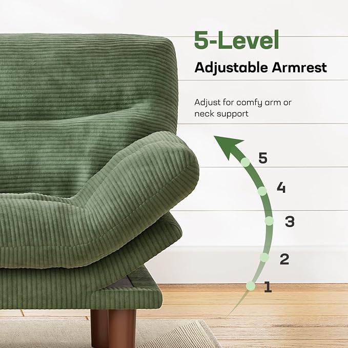 Marsail 75" Futon Sofa Bed, Futon Couch with Adjustable Backrest & Armrests, Convertible Sleeper Sofa Bed for Apartment, Living Room, Office, Corduroy Loveseat, Olive Green
