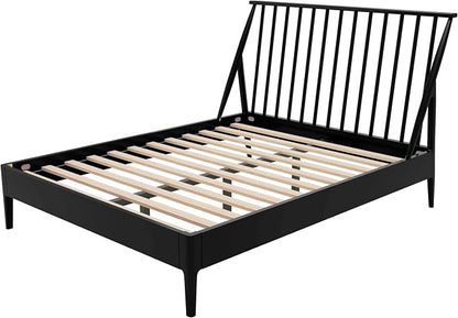 Merax Queen Size Solid Bamboo Wood Spindle Platform Queen Bed with 46.5" Tall Headboard, Bohemian Bed Frame with Wooden Slats and Metal Support, Mid-Century Modern Style, No Box Spring Needed, Black