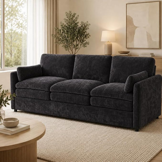 Esright Apartment Cloud Couch, 89-Inch 3-Seat Chenille Sofa, Black | Skin-Friendly Fabric, Deep 22" Seat, 2×6.3" Plush Back Pillows, Wood Frame, 800-Lb Support for Studios and Living Rooms