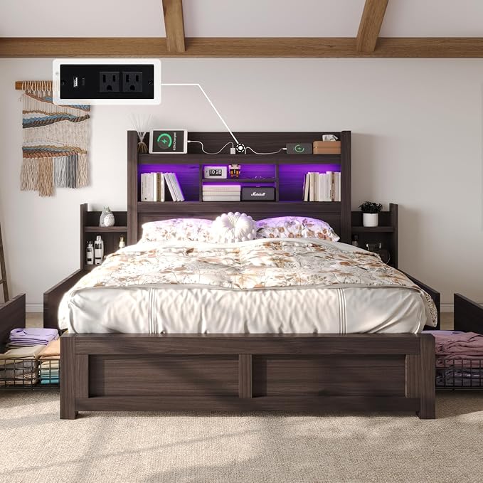 LUXOAK Queen Bed Frame with 49.6" Bookcase Headboard & 2 Bedside Stoage Racks & 4 Drawers, Farmhouse Wood Bed Frame with RGB LED & Charging Station, No Box Spring Needed, Black