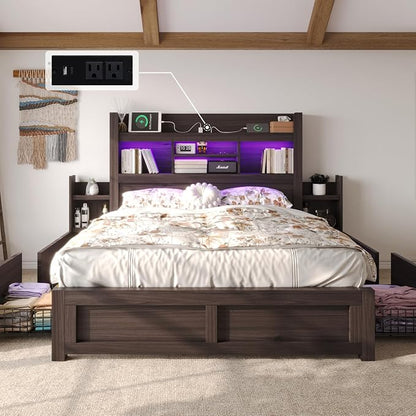 LUXOAK Queen Bed Frame with 49.6" Bookcase Headboard & 2 Bedside Stoage Racks & 4 Drawers, Farmhouse Wood Bed Frame with RGB LED & Charging Station, No Box Spring Needed, Black