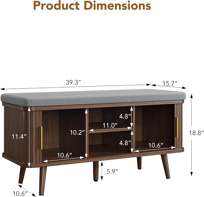 Decofy Shoe Storage Bench with Cushion and Sliding Doors, 39 Inch Shoe Bench with Storage, Freestanding Entryway Bench with Shoe Storage, with Solid Wood Legs, for Hallway & Entrance Hall, Walnut