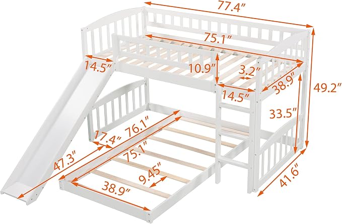 Twin Over Twin Bunk Bed, Wood Bunk Bed with Slide and Ladder, White