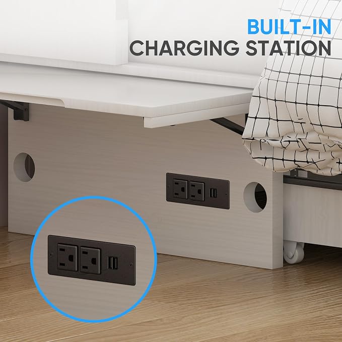 PUREMIND Queen Murphy Bed with Mattress Included, Murphy Cabinet Bed with Storage Drawer, Built-in Charging Station, Solid Wood Frame, Space-Saving Cabinet Beds for Small Spaces/Guest Room (White)