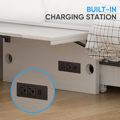 PUREMIND Queen Murphy Bed with Mattress Included, Murphy Cabinet Bed with Storage Drawer, Built-in Charging Station, Solid Wood Frame, Space-Saving Cabinet Beds for Small Spaces/Guest Room (White)