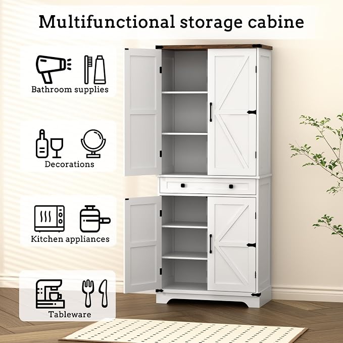 71" Tall Kitchen Pantry Storage Cabinet with Drawer & 4 Barn Doors, Freestanding Storage Cupboard with Adjustable Shelves, Large Capacity Floor Cabinet for Kitchen, Dining Room, Bathroom, White