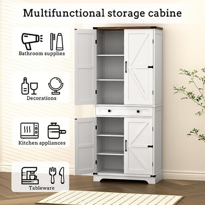 71" Tall Kitchen Pantry Storage Cabinet with Drawer & 4 Barn Doors, Freestanding Storage Cupboard with Adjustable Shelves, Large Capacity Floor Cabinet for Kitchen, Dining Room, Bathroom, White