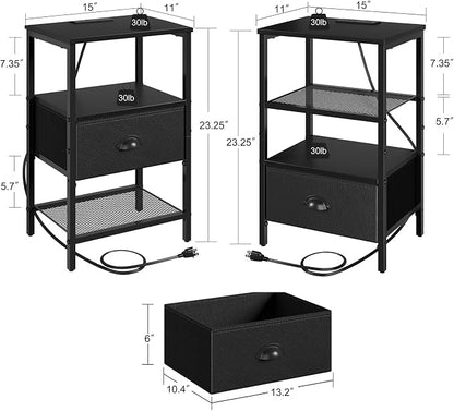 sthmec Nightstands Set of 2, Black Night Stands with Charging Station, Bedside Tables with Drawers PU Finish, 2-Tier Side Table with Open Shelf, Nightstands with Drawer,Black