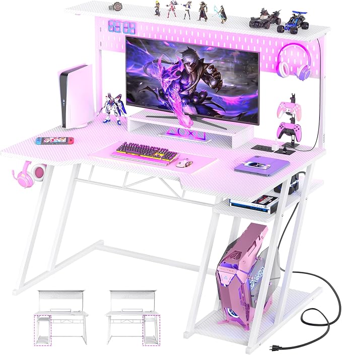 Armocity Gaming Computer Desk with Power Outlets, Gaming Desk with Hutch and LED Lights, Reversible PC Gaming Desk with Pegboard, Carbon Fiber White, 47"