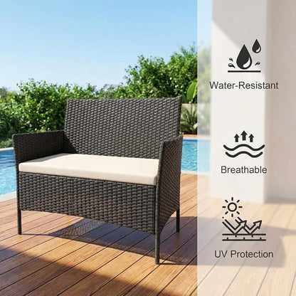 4PCS Outdoor Patio Bistro Set, PE Rattan Wicker Armchairs, Black/Beige