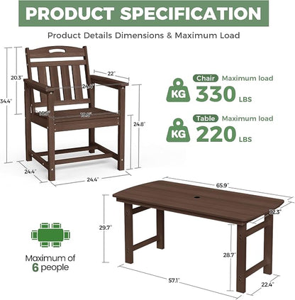 5-Piece Outdoor Dining Furniture Set with Chairs, All-Weather HDPE Patio Table and 4 Chairs, Umbrella Hole, for Garden Backyard or Deck - Brown