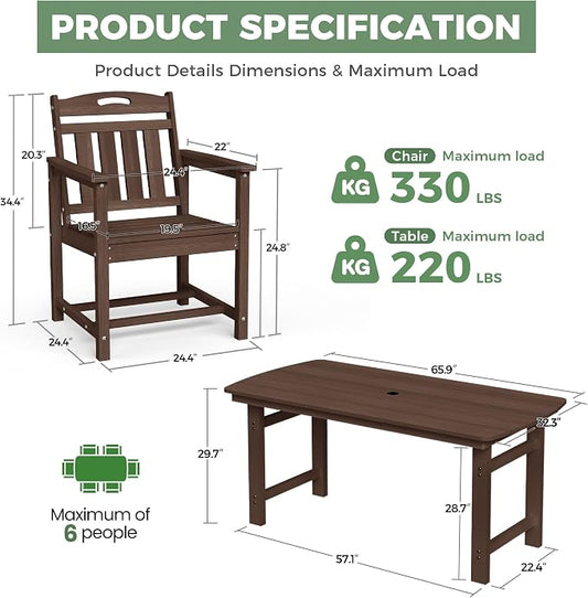 HDPE Outdoor Patio Dining Set with Table & 6 Chairs, All-Weather 7-Piece Outdoor Table and Chairs, 2" Umbrella Hole, Patio Furniture for Garden, Backyard, Deck | Brown