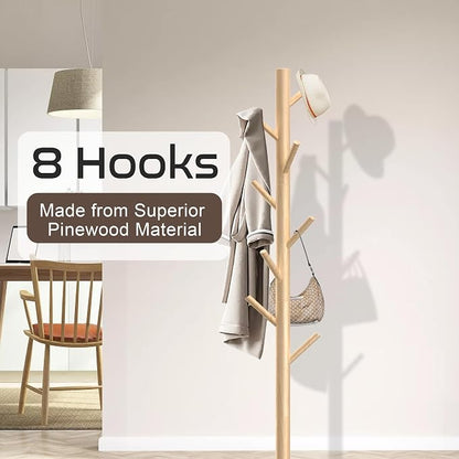 Aliphon Wooden Coat Rack Stand, Freestanding Coat Rack with 8 Hooks, 3 Adjustable Size Coat Tree for Hats, Coats, Scarves bags, Coat Hanger Stand Used in Bedroom/Office/Entryway,2 PCS (Natural)