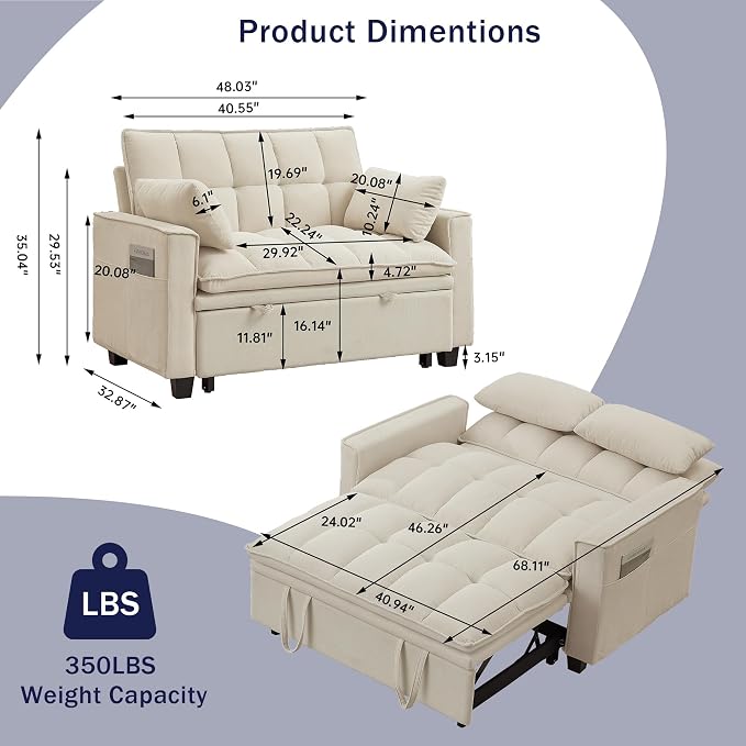 Sleeper Sofa with Pull Out Couch Bed, 48" Convertible Pull-Out Sofa Bed Chair, 3-in-1 Futon Couch with Reclining Backrest and Side Pockets for Living Room Bedroom Apartment, Beige
