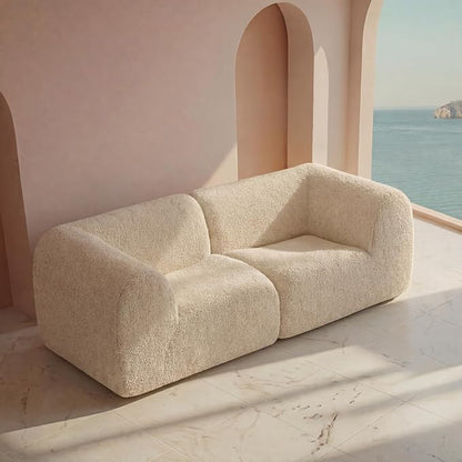 Curved Sectional Modular Couch with Chaise, Modern 76.38'' Boneless Sofa with Deep Seat, Sherpa Boucle Cloud Couch for Living Room, Cozy Teddy Loveseat Couches，No Assembly, White
