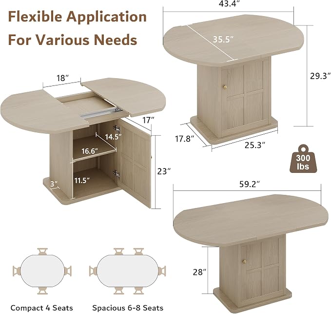 iPormis Round Dining Table for 4-6, 59'' Extendable Dining Room Kitchen Table with 2-Tier Storage Shelf, Wood Dinner Table with Door & Pedestal Base, for Kitchen Living Room, Space Saving, Natural