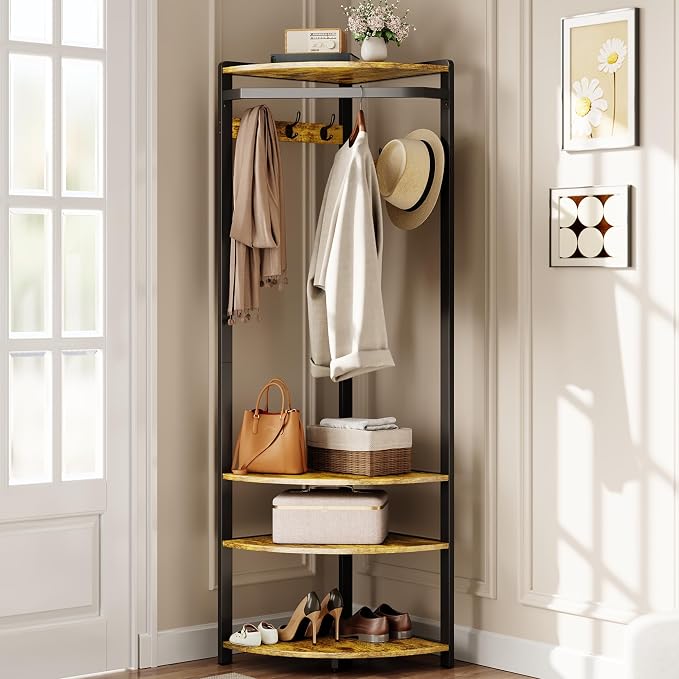 Coat Rack Freestanding with 6 Double Hooks, Shoe Bench & Storage Shelf - Freestanding Hall Tree Organizer for Entryway, Bedroom, Living Room, Space-Saving,Retro color