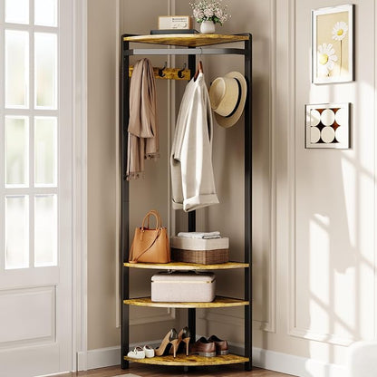 Coat Rack Freestanding with 6 Double Hooks, Shoe Bench & Storage Shelf - Freestanding Hall Tree Organizer for Entryway, Bedroom, Living Room, Space-Saving,Retro color