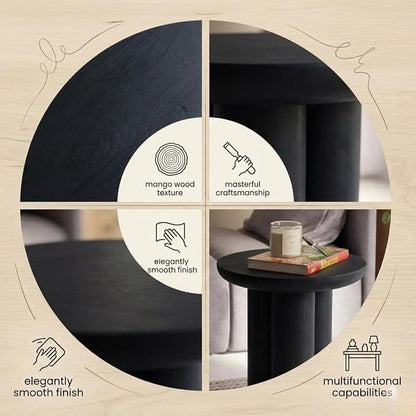 Relso Gaia Round End Table for Living Room and Bedroom, Solid Mango Wood Side Table or Nightstand, Black Finish, Compact Rustic Design, Boho Modern Farmhouse Style