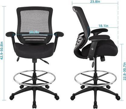 BOLISS 400lbs Mesh Ergonomic Office Drafting Chair Big Adjustable Foot Ring Height Adjustable Armrest(Black)