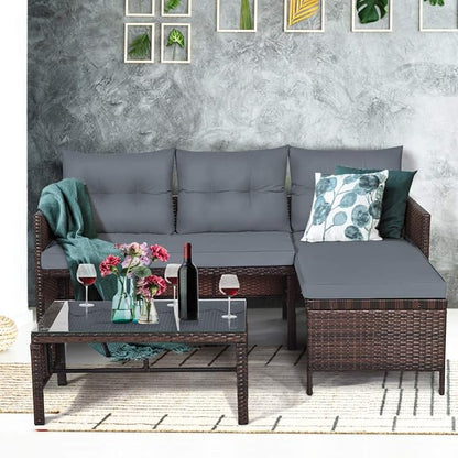 Tangkula Patio Corner Sofa Set 3 Piece, Outdoor Rattan Sofa Set, Includes Lounge Chaise, Loveseat & Coffee Table, Patio Garden Poolside Lawn Backyard Furniture