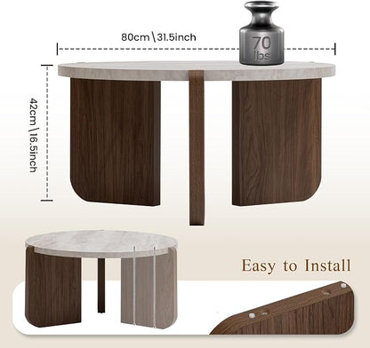 SUNBURY Coffee Table and End Table Sets, Round Marble Modern 3-Piece Living Room Table Set for Office, Living Room, Apartment, Small Space, Easy Assembly Living Room Furniture, Faux Marble