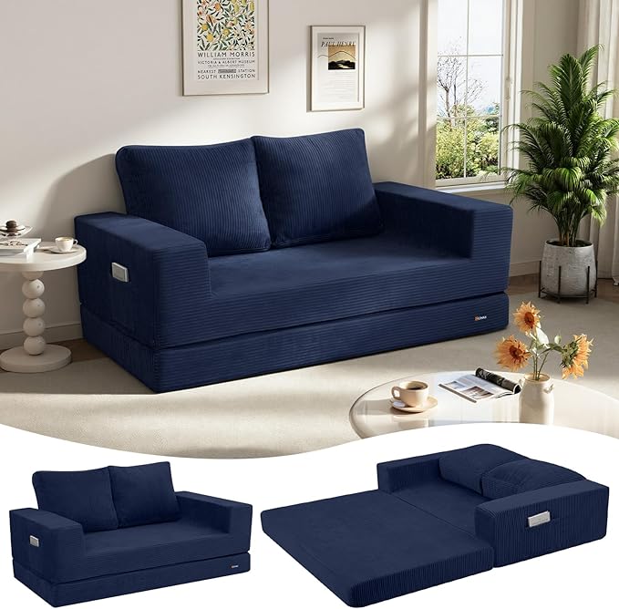 COMAX Futon Sofa Bed, Convertible Sofa Bed, Folding Boneless Couches | Boneless Couch for living room, 4‑in‑1 Fold Out Small Foldable Loveseat Floor Sleeper Mattress Lounge Space‑Saving, Navy