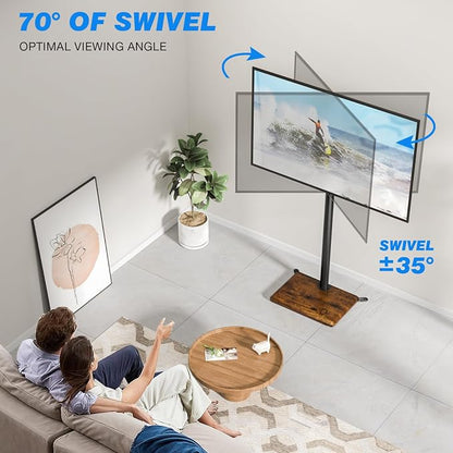 Rfiver Swivel Floor TV Stand with Mount for 32-65 inch TVs up to 88 lbs, Height Adjustable Tall TV Stand with Wood Base, Saving Space Design for Bedroom, Living Room and Corner,Rustic Brown