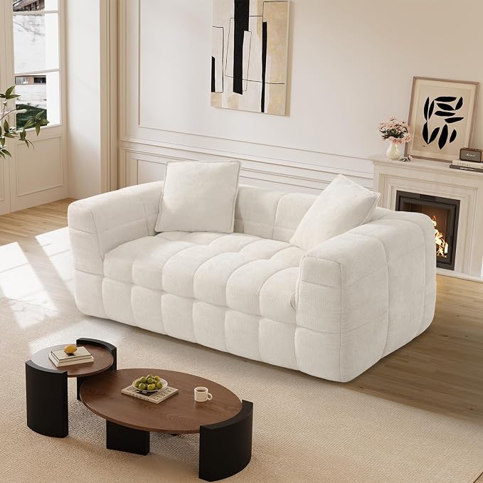 66.5" Loveseat Boneless Couch,Comfy Cloud Sectional Sofa with Deep Seat,Modern Upholstered Chenille Love Seat Sofa, Small Couches for Living Room, No Assembly Required Tufted Sofas, Beige White