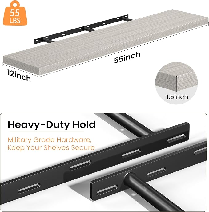 Fun Memories Floating Shelves - 12 Inch Rustic Wooden Wall Shelves - Extra Deeper & Thicker Wall Mounted Storage Shelf for Living Room, Kitchen, Farmhouse - 55" W x 12" D x 1.8" H - Grey
