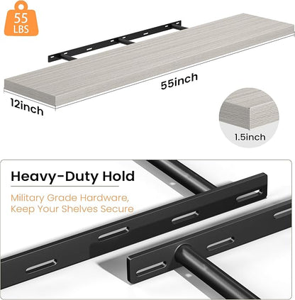 Fun Memories Floating Shelves - 12 Inch Rustic Wooden Wall Shelves - Extra Deeper & Thicker Wall Mounted Storage Shelf for Living Room, Kitchen, Farmhouse - 55" W x 12" D x 1.8" H - Grey