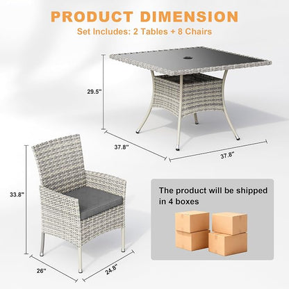 10-Piece Patio Dining Set, Patio Furniture Set with Square Tempered Glass Table & 8 Wicker Chairs, Expandable Design for Larger Groups, Outdoor Furniture for Backyard, Deck, Garden, Grey