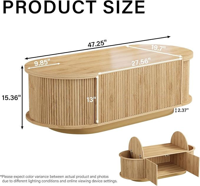 HSH 47" Oval Coffee Table with Storage, Oak Coffee Table for Living Room | Modern Center Table with Press Type Door, Fluted Living Room Tables with 2 Flip-Top Hidden Lids, Wood Table
